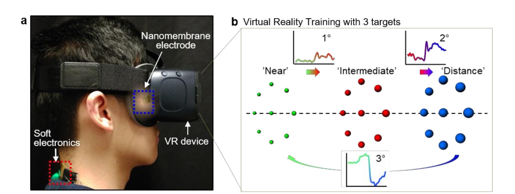 Figure has two parts. (a) Photo of a person in profile wearing the wireless ocular electronic system. Labels illustrate the nanomembrane electrode near subject’s eye, the VR device, and the soft electronics at the base of the person’s neck. (b) Virtual Re