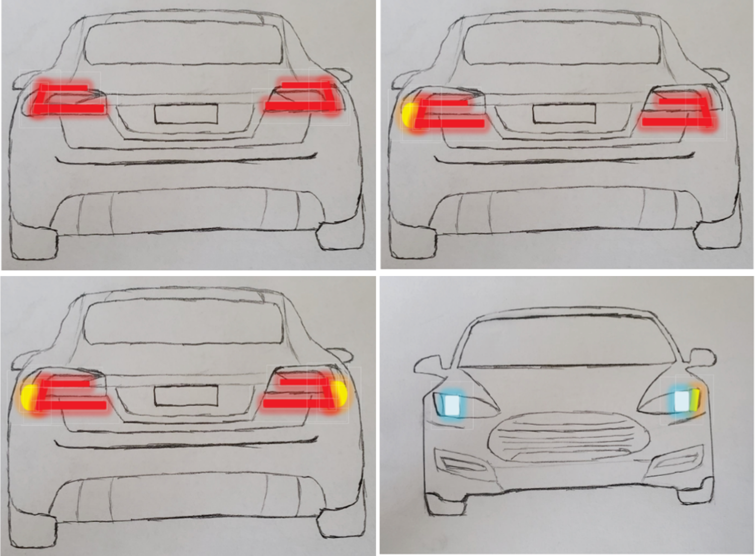 Examples of signaling with BICADAS, clockwise from upper left: slow down indicated by having the brake lights flash; slow down signal + left turn light solid to indicate the left lane is available; slow down signal + both turn lights solid to indicate lan
