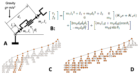 A: Dynamic system diagram, B: Control expression formulas, C: Non-optimal expression format with many variations in numbers of levels, D: Rewritten expressions format showing fewer and more evenly balanced levels.
