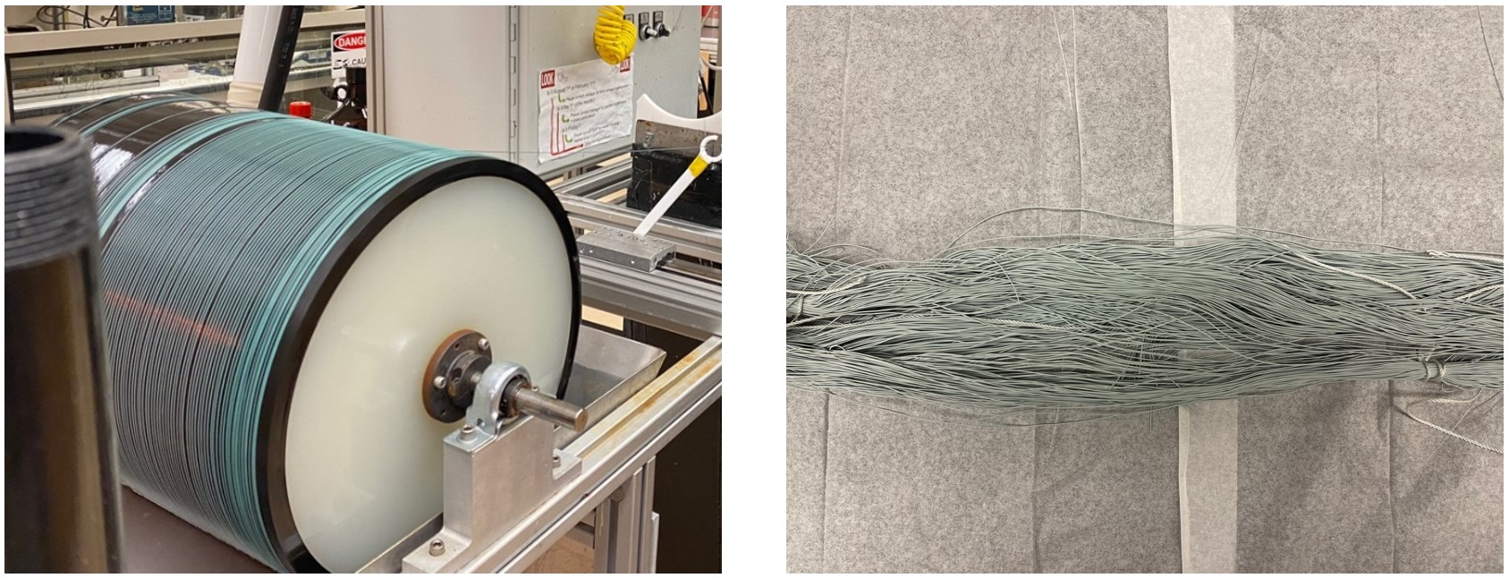 Figure 1. The physical appearance of the MIL-101(Cr)/cellulose acetate fibers during the spinning process (left) and when they are dried (right).