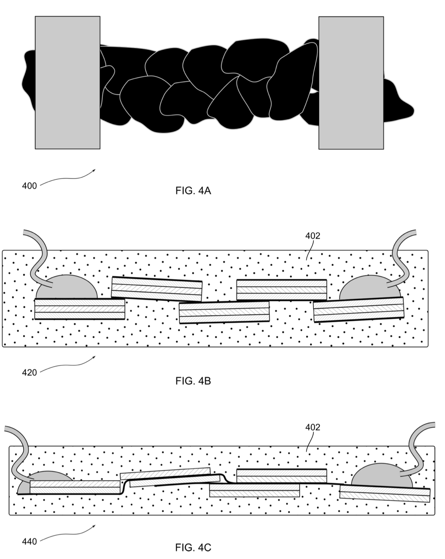 Fig 4A: Misshapen flakes overlap to form a horizontal bar 2 flakes deep. Gray boxes cover left and right ends. Fig 4B: Rectangular block dotted to represent insulating material encloses 4 3-layer, randomly overlapping bars. Circular contacts at each end. Fig 4C: Same as 4B with 2-layer bars with one set of layers offset.