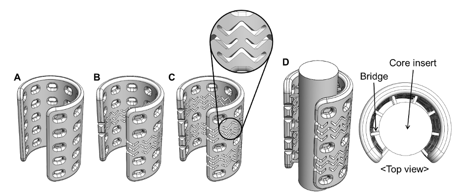 4 versions of partial tube scaffolds. A has oval patterns. B has additional 3-row zig zagging pattern in the center. C has 2 staggered 3-row zig zagging pattern sections. D has a solid inner tube. Also shown is a top view of D, with mini bridges connecting tube to scaffolding.