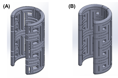 Airway scaffolding partial tube with a repeating pattern of vertical and horizontal connecting lines and rectangular openings. Left tube has wider lines. Right tube has narrow lines and smaller rectangles. 