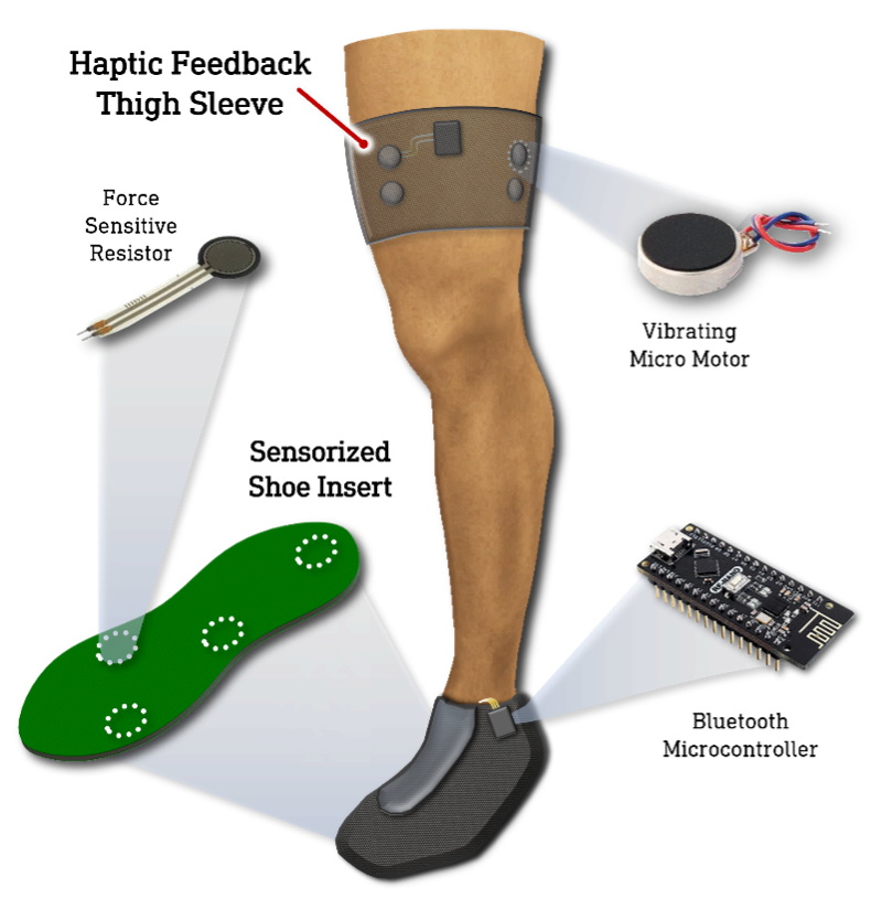 Multiple parts of the foot-ankle orthosis, including the Haptic Feedback Thigh Sleeve worn on a human leg and embedded with several Vibrating Micro Motors, one of four Force Sensitive Resistors embedded in the Sensorized Shoe Insert, and a Bluetooth Microcontroller hooked on the shoe at the ankle.