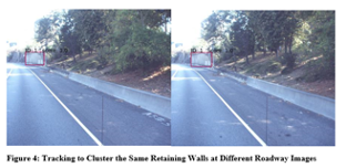 Tracking to Cluster the Same Retaining Walls at Different Roadway Images