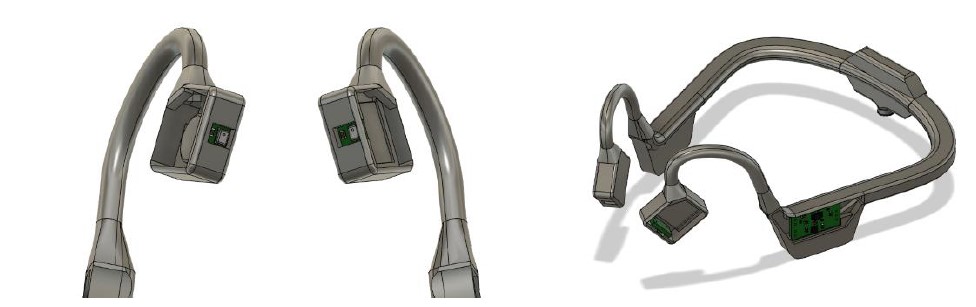 Two renderings of the headset from different angles showing microphone placement.