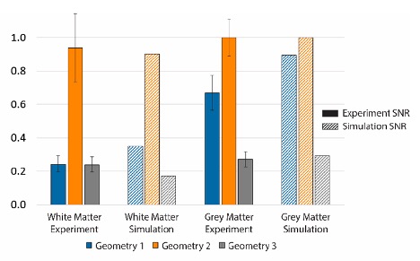 A graphical representation of three geometries, with experimented SNR and simulated SNR, in white and grey matter scattering phantoms. The results are showing the simulated SNR is comparable to the experimental SNR.