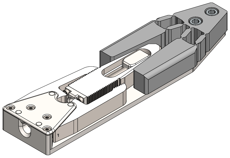 Angled mechanical drawing of the wedge-shaped device expandable snubbers at the upper end of each side, pawls with angled teeth, and an entry hole for the installation and removal tool. 