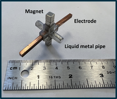 Small prototype with a magnet, electrode, and liquid metal pipe near a ruler showing size of less than 2.5 inches