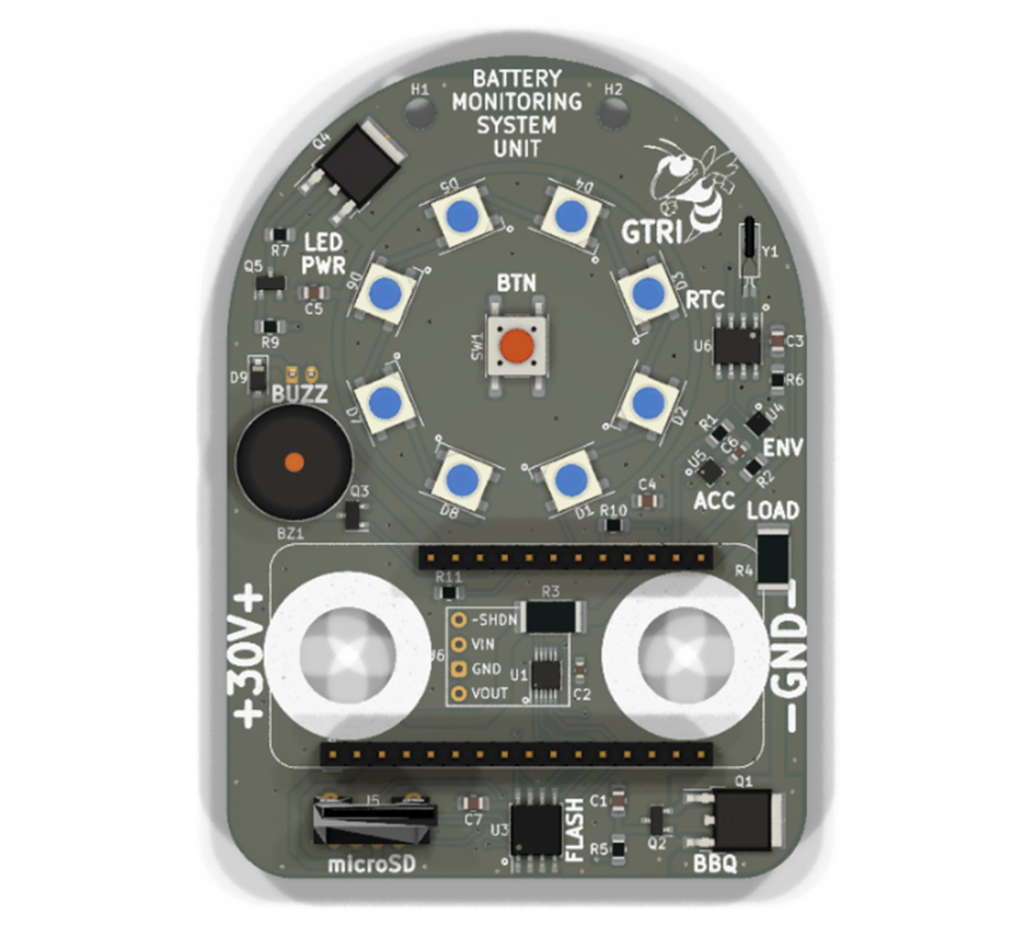 A flat circuit board rounded at the top, labeled with “Battery Monitoring System Unit,” LED power, GTRI, BUZZ, RTC, +30V+, -GND-, microSD, FLASH, BBQ, ACC, LOAD, and ENV.  