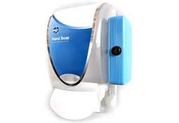 The Clean Hands Safe Hands device is a wall-mounted soap and alcohol dispenser with a sensor mounted on the side.