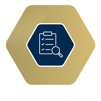 hexegon shape with a clipboard and magnifying glass icon