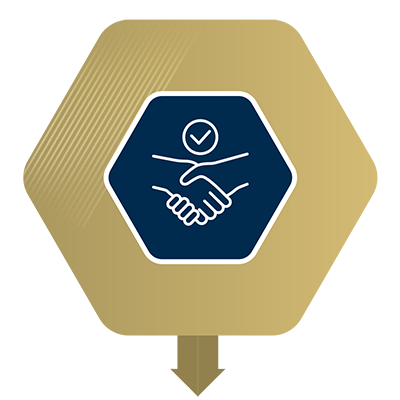 hexegon shape with two hands shaking hands and a circle with a checkmark in it