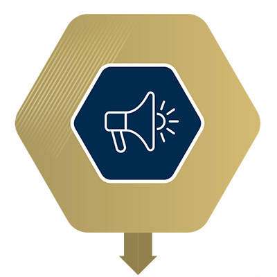 hexegon shape with graphic bullhorn icon