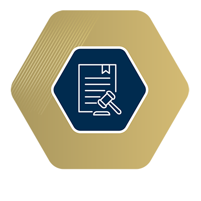 hexegon shape with document and gavel icon