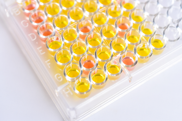 A tray of tiny acrylic cylinders positioned in a grid hold yellow and orange liquid.