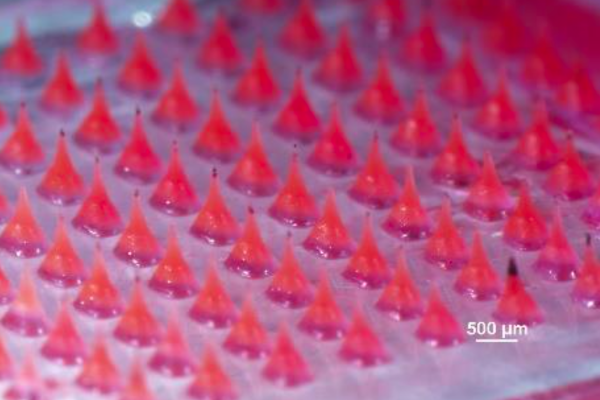 Closeup of a sheet of red microneedles in a grid