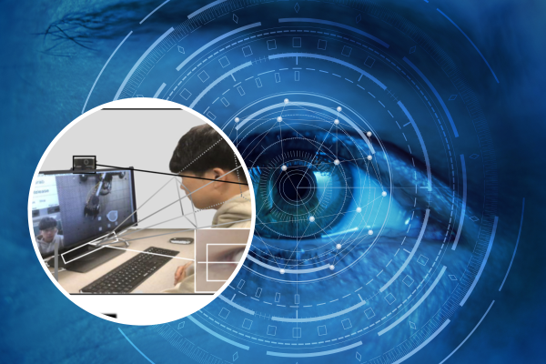 Eye scanner illustration overlaid with image of person looking at computer screen with a camera tracking his eye movements.