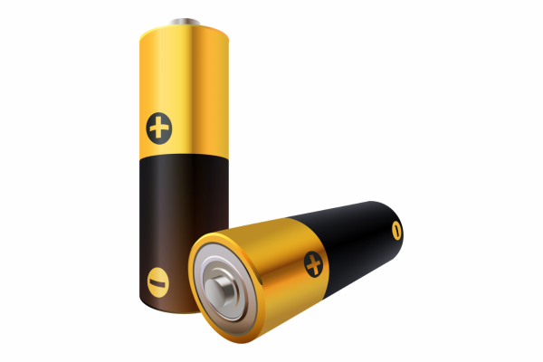 Two small cylindrical batteries. One upright, one on its side. Gold at the top, black at the bottom.