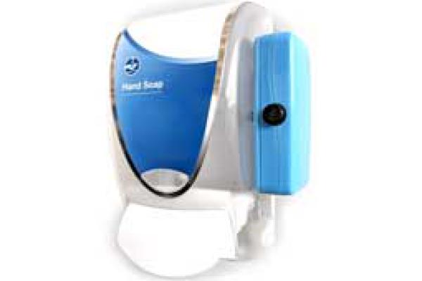 The Clean Hands Safe Hands device is a wall-mounted soap and alcohol dispenser with a sensor mounted on the side.