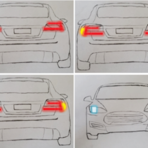 Illustration with 4 panels. Upper left panel shows back of car with two red brake lights. Upper right panel show back of car with two red brake lights and left yellow turn signal. Lower left panel shows back of car with two red brake lights and two yellow turn signals. Lower right panel shows front of car with two white headlights and right turn signal on.